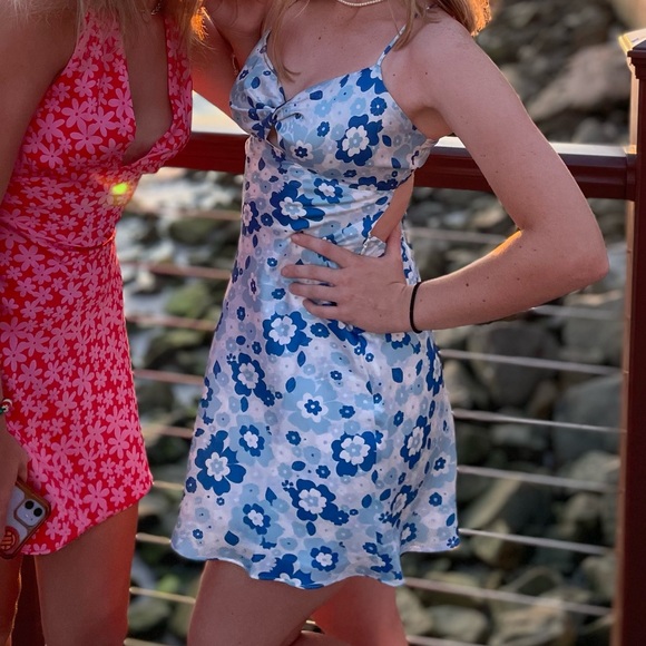 Floral silk mini blue dress, with open back.
literally worn it this one time. - Picture 3 of 3